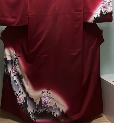 暗红色牡丹花枝正绢付下手绘洒金晕染 全新带...