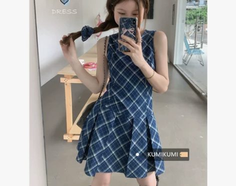 kumikumi复古格纹无袖连衣裙女夏季收...