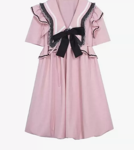 网红款2023年粉色学院风海军领短袖衬衫裙...