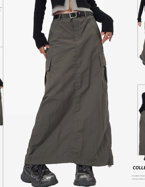 设计感大口袋中长款休闲后开叉裙子A字抽绳灰...