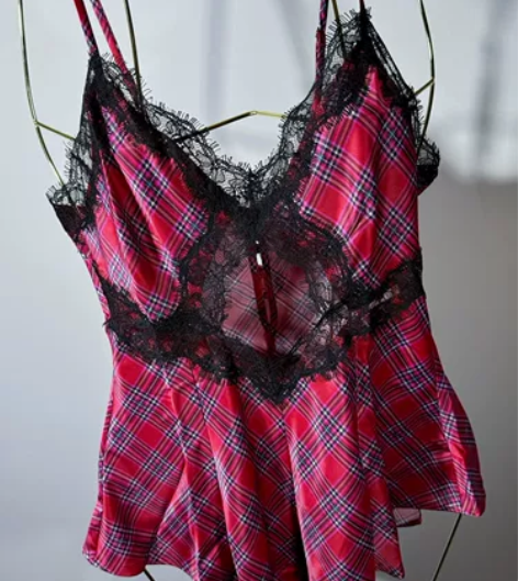 维密红格纹舒适性感缎面蕾丝连体睡衣XS码 ...