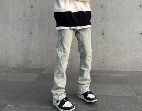 美式黄泥染牛仔裤男春季高街小众复古水洗修身...