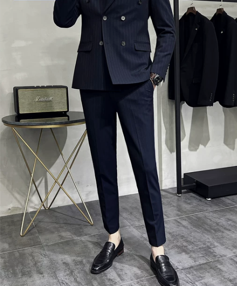 罗蒙条纹西装男套装新郎结婚礼服修身西服上班...