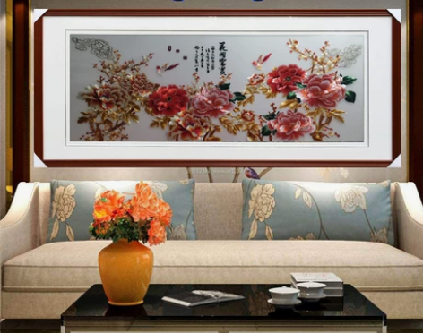 苏绣装框成品 真丝底料实木框 花开富贵金色...