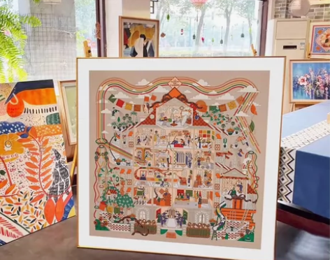 爱马仕丝巾挂画客厅背景墙卧室高 级感橙装饰...