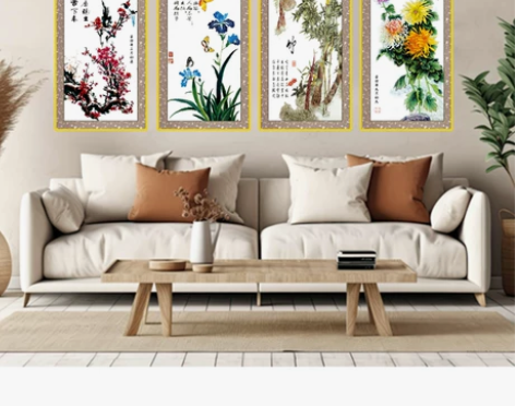 中式梅兰竹菊4条屏花卉挂画