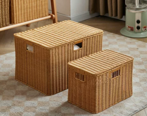 日式带盖收纳箱家用编织收纳筐仿藤编收纳篮特...