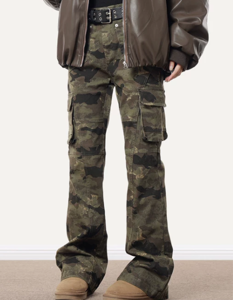 美式复古迷彩多口袋修身工装裤嘻哈直筒显瘦微...