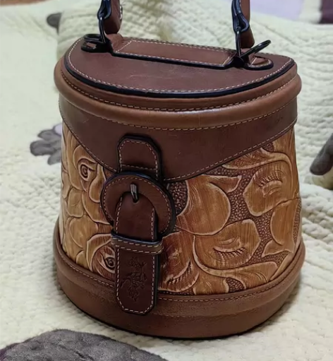 头层牛皮 半圆发财桶形包 皮雕工艺 高16...