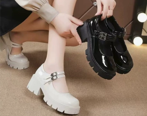 紅婧娗特价真皮法式高跟皮鞋女春季粗跟厚底英...