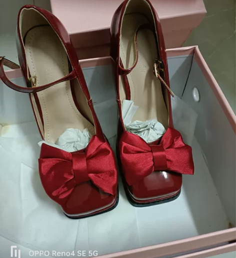 37码粗跟防水台高跟蝴蝶结公主单鞋 图片实...