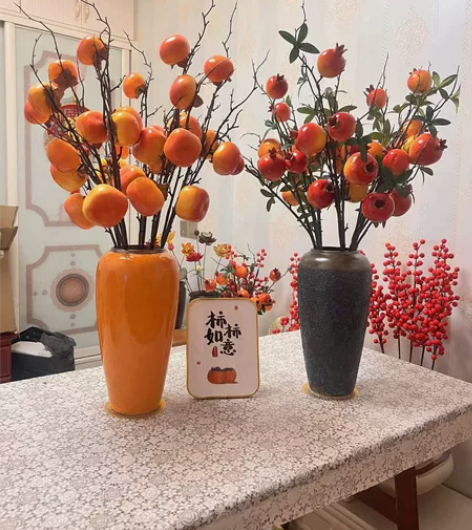 仿真石榴仿真柿子可做陶瓷瓶插花摆件家居装饰...