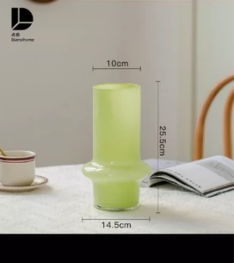 中古小众玻璃花瓶法式小摆件客厅绿色透明插花...