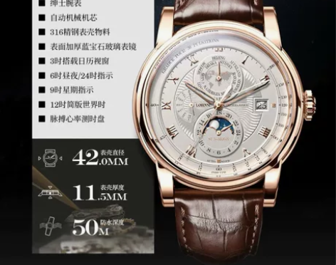 罗宾尼男士手表百搭世界时多功能全自动机械表...