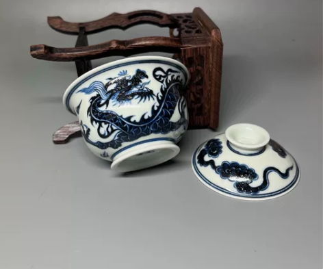 仿元铠甲龙青花盖碗 回头龙两才盖碗 苏麻离...