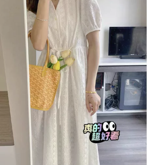 zara同款白色针织亚麻收腰连衣裙 法式茶...