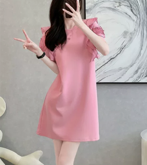 拉夏贝尔荷叶边高端黑色连衣裙女夏2023新...