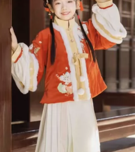 乌扣.貔大虎 女童汉服拜年服冬季保暖套装儿...