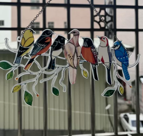 跨境新款独立站小鸟彩绘窗饰小鸟挂件春鸟彩绘...