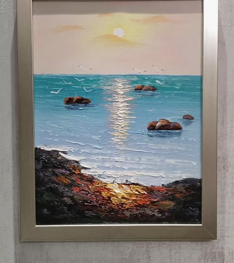 手绘油画实拍连框包邮现代风格厚油刀画礁石海...