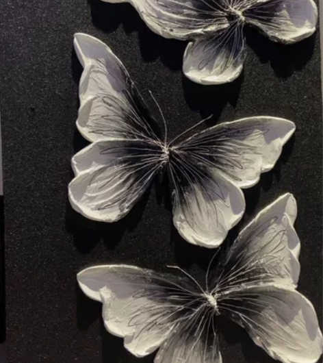 #挂画 蝴蝶肌理画原创 黑底白色蝴蝶适合奶...