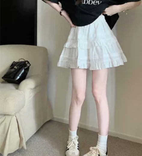 甜美芭蕾风白色荷叶边防走光半身裙女春秋小个...