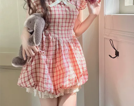 doll原创【樱花粉桃】格子花苞连衣裙女2...