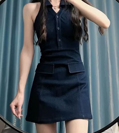 【冰淇淋与鲸】纯欲风复古无袖牛仔裙女辣妹挂...