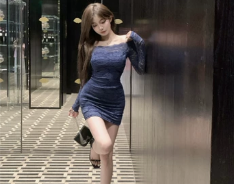 一字肩长袖连衣裙女夏季纯欲风蕾丝气质裙子性...