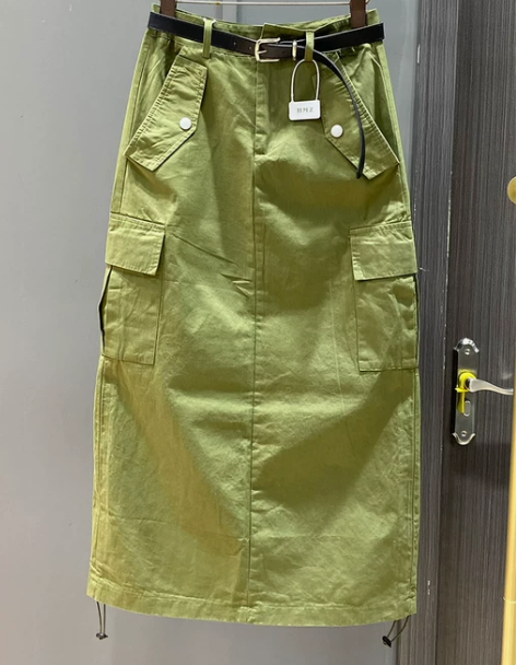 欧货2023年春夏薄款复古抽绳口袋半身工装...