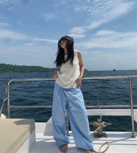 R1DGE蓝色竖条纹垂感直筒休闲裤男女宽松...