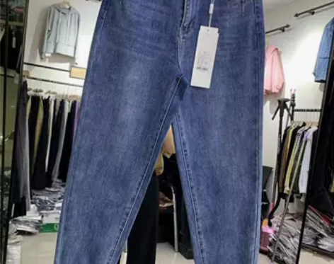 B542时尚两粒扣侧口袋宽松哈伦裤蓝色牛仔...