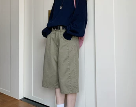 7AM10PM复古做旧宽松短裤女工装五分裤...