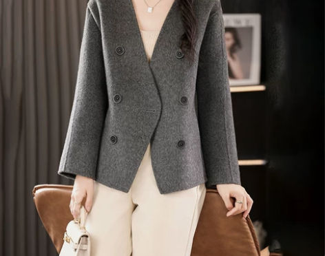 2024秋冬新高级感V领短款双面羊绒大衣女...