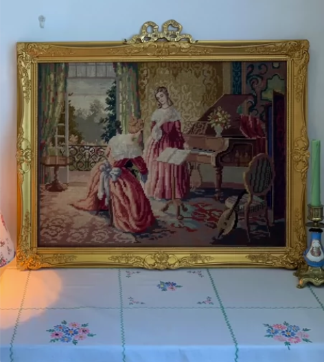 vintage西洋绒绣挂画贵妇少女孩人物刺...