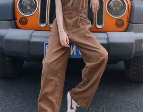 棕色牛仔背带裤女美式复古宽松显瘦减龄小个子...