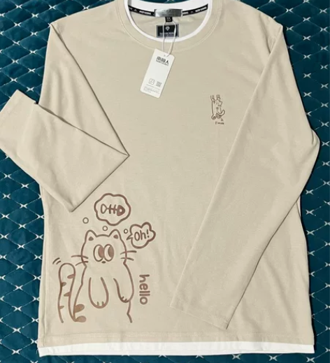 2XL南极人 浅米色华夫格小猫咪可爱长袖T...