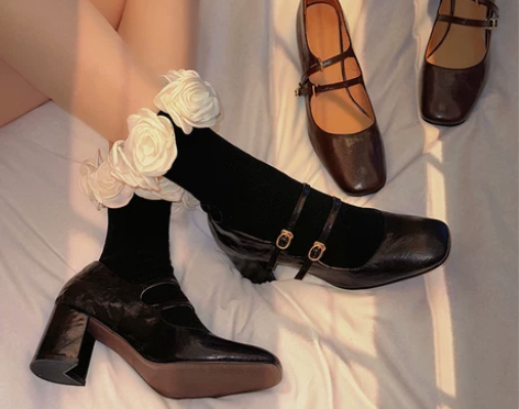 法式复古方头玛丽珍鞋女真皮高跟一字扣带浅口...