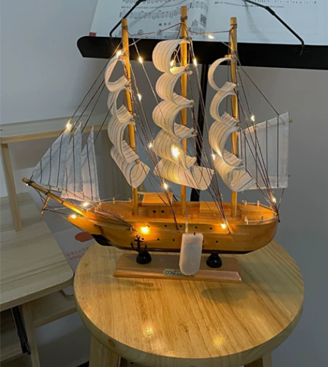 【外贸尾单清货】帆船模型摆件带灯木质工艺船...