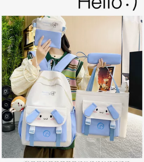 新款卡通可爱学生书包四件套潮流时尚撞色双肩...