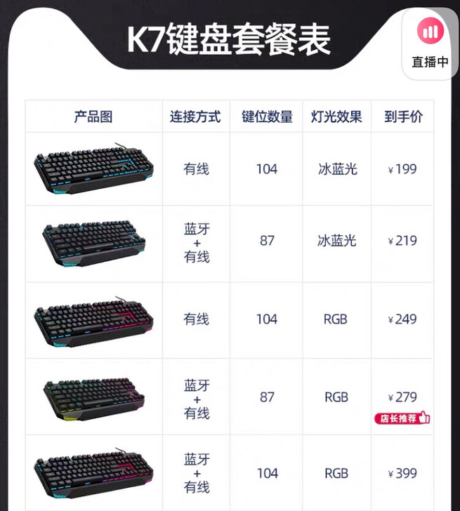 机械师K7 87键 冰蓝光 双模单色版