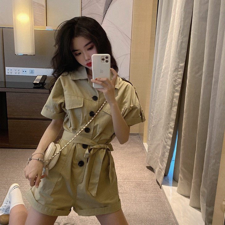 连体裤女工装短裤显瘦百搭阔腿裤高腰直筒韩版...