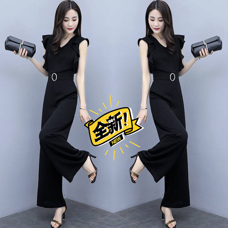 气质无袖阔腿连体裤女2020新款高腰v领宽...