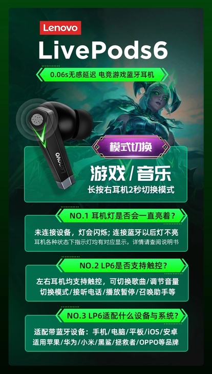 Lenovo/联想LP6真无线电竞蓝牙耳机...