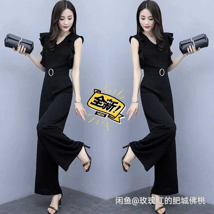 气质无袖阔腿连体裤女2020新款高腰v领宽...