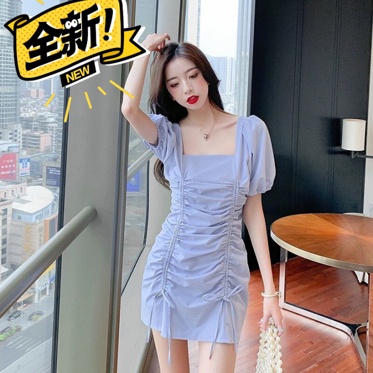 抽绳连衣裙2021新款夏小个子法式褶皱泡泡...