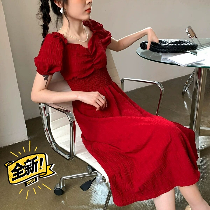 实体清仓 夏季复古茶歇裙法式红色方领长裙小...