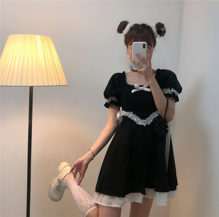 原感少女新款法式蝴蝶结蕾丝花边绑带泡泡袖宫...