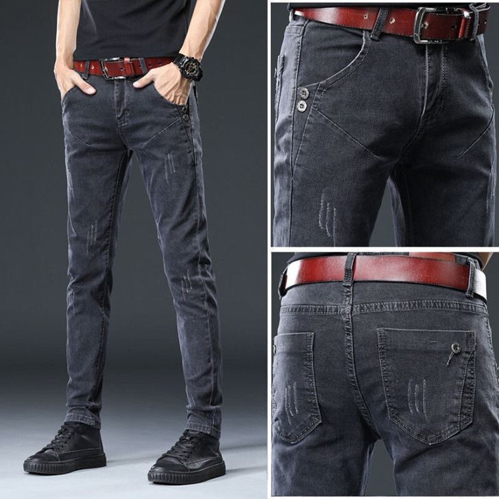 清仓处理 春夏季薄款复古灰色弹力牛仔裤男士...