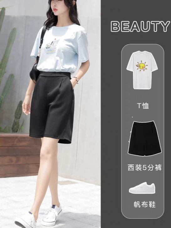 西装短裤女潮ins夏高腰宽松显瘦阔腿a字黑...